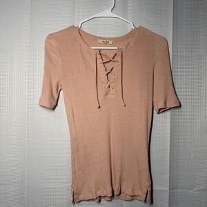 Madewell Ribbed Lace Up Tee Top Blush Pink Short Sleeve Women's Size S